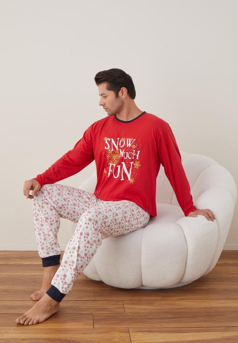 Pijama barbati Craciun "SNOW MUCH FUN" , maneca lunga ,pantaloni lungi,Culoare Rosu ,Engros